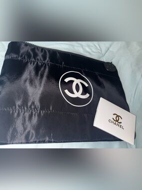 CHANEL Black Quilted Cosmetic Pouch with White Logo and Mirror Brand new